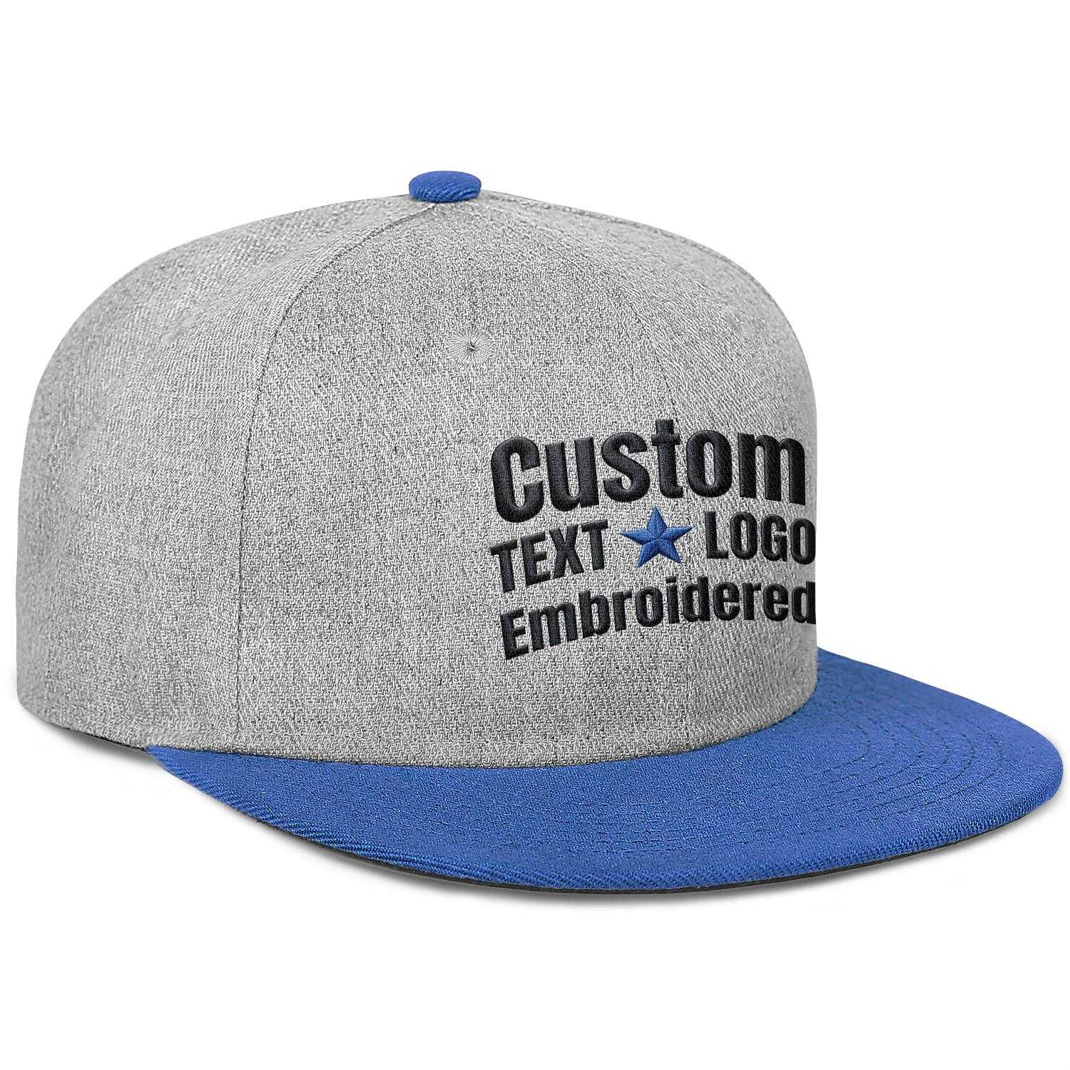 Custom embroidered or printed heather grey &  blue color-block flat brim cap by Vosoli | Personalized text & logo | Structured fit
