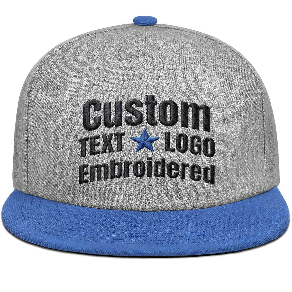 Custom Embroidered or Printed Heather Grey & Blue Color-Block Flat Brim Cap