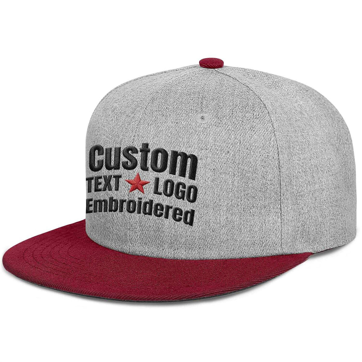 Custom embroidered or printed heather grey &amp; burgundy color-block flat brim cap by Vosoli | Personalized text &amp; logo | Structured fit