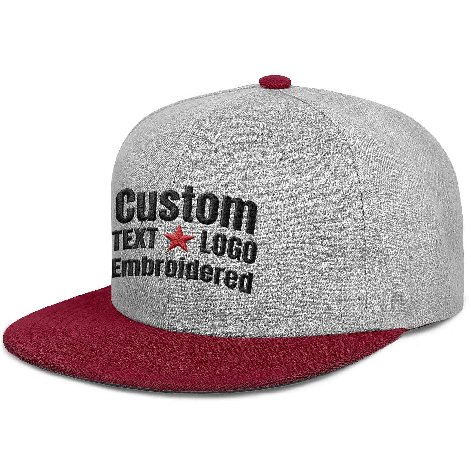 Custom embroidered or printed heather grey & burgundy color-block flat brim cap by Vosoli | Personalized text & logo | Structured fit