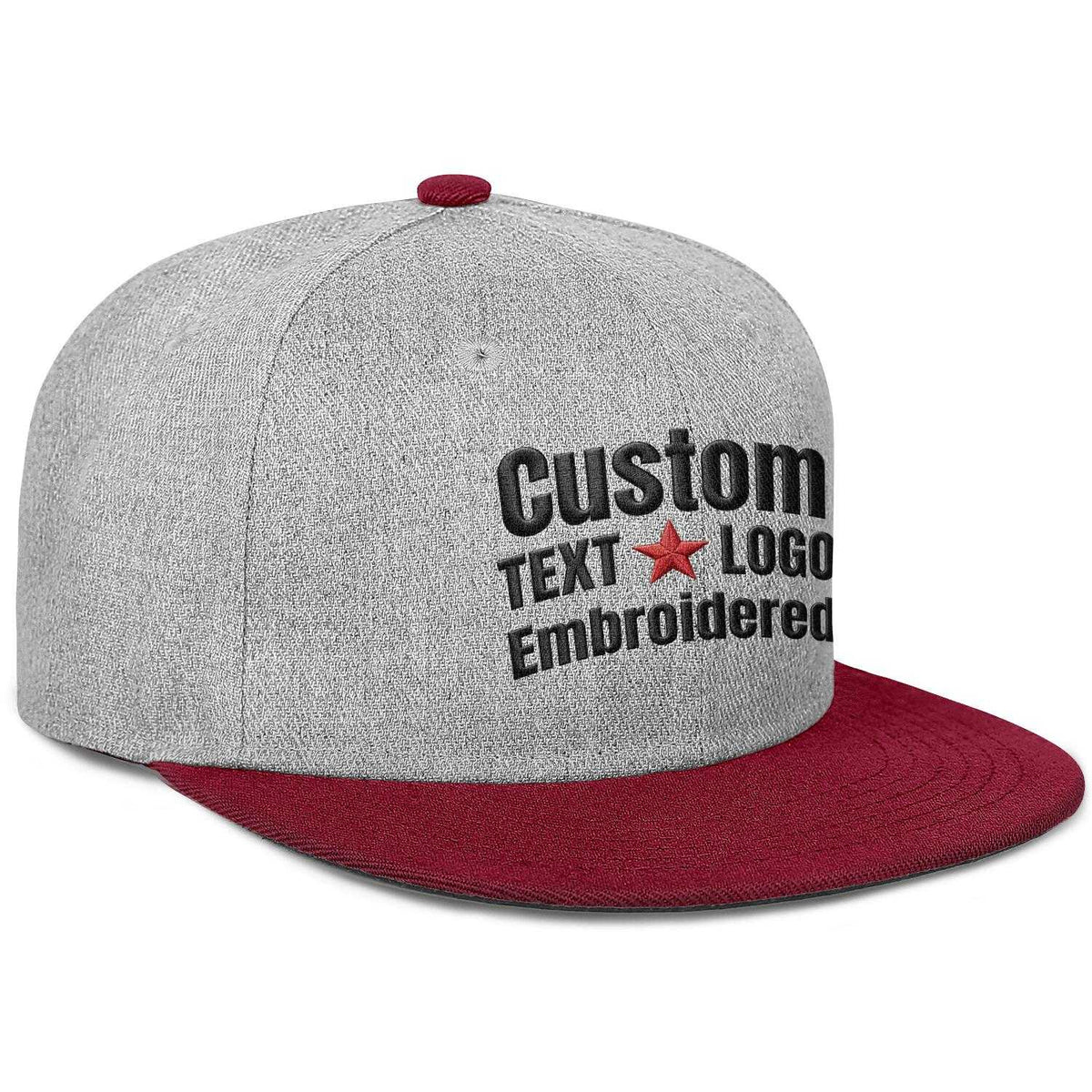 Custom Embroidered or Printed Heather Grey & Burgundy Color-Block Flat Brim Cap
