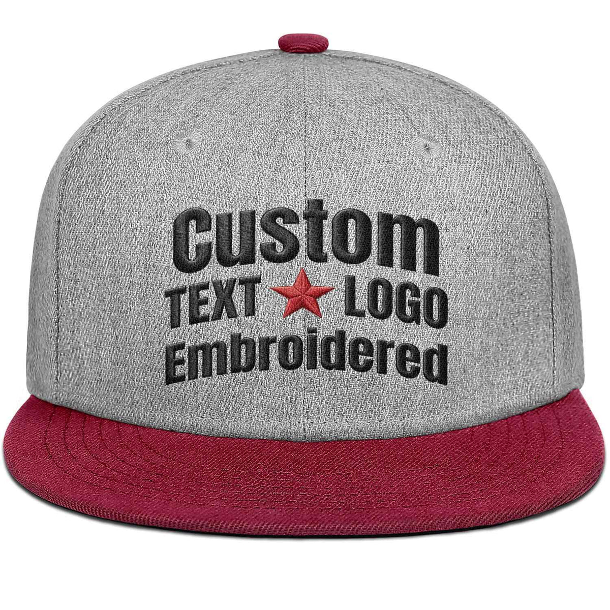 Custom Embroidered or Printed Heather Grey & Burgundy Color-Block Flat Brim Cap