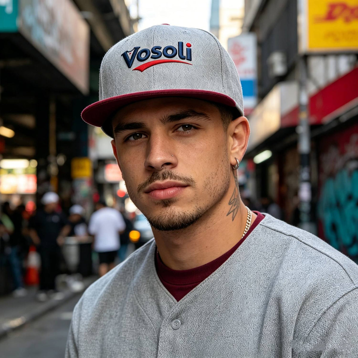 Custom Embroidered or Printed Heather Grey & Burgundy Color-Block Flat Brim Cap