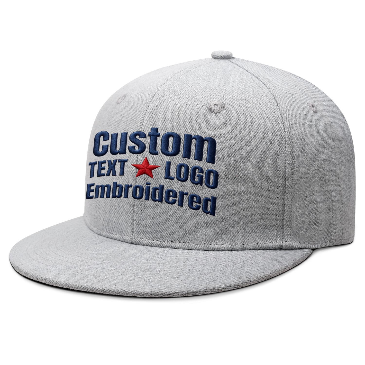 Custom embroidered or printed heather grey flat-brim cap by Vosoli | Personalized text & logo