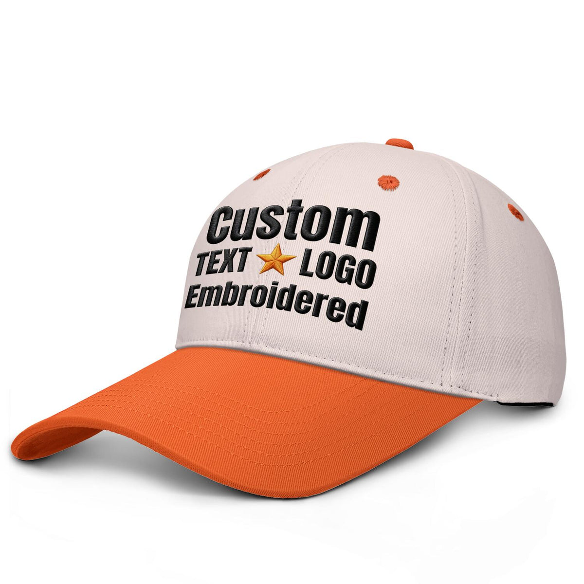 Custom embroidered or printed ivory &amp; orange deep brim baseball cap by Vosoli | Personalized text &amp; logo | Structured fit