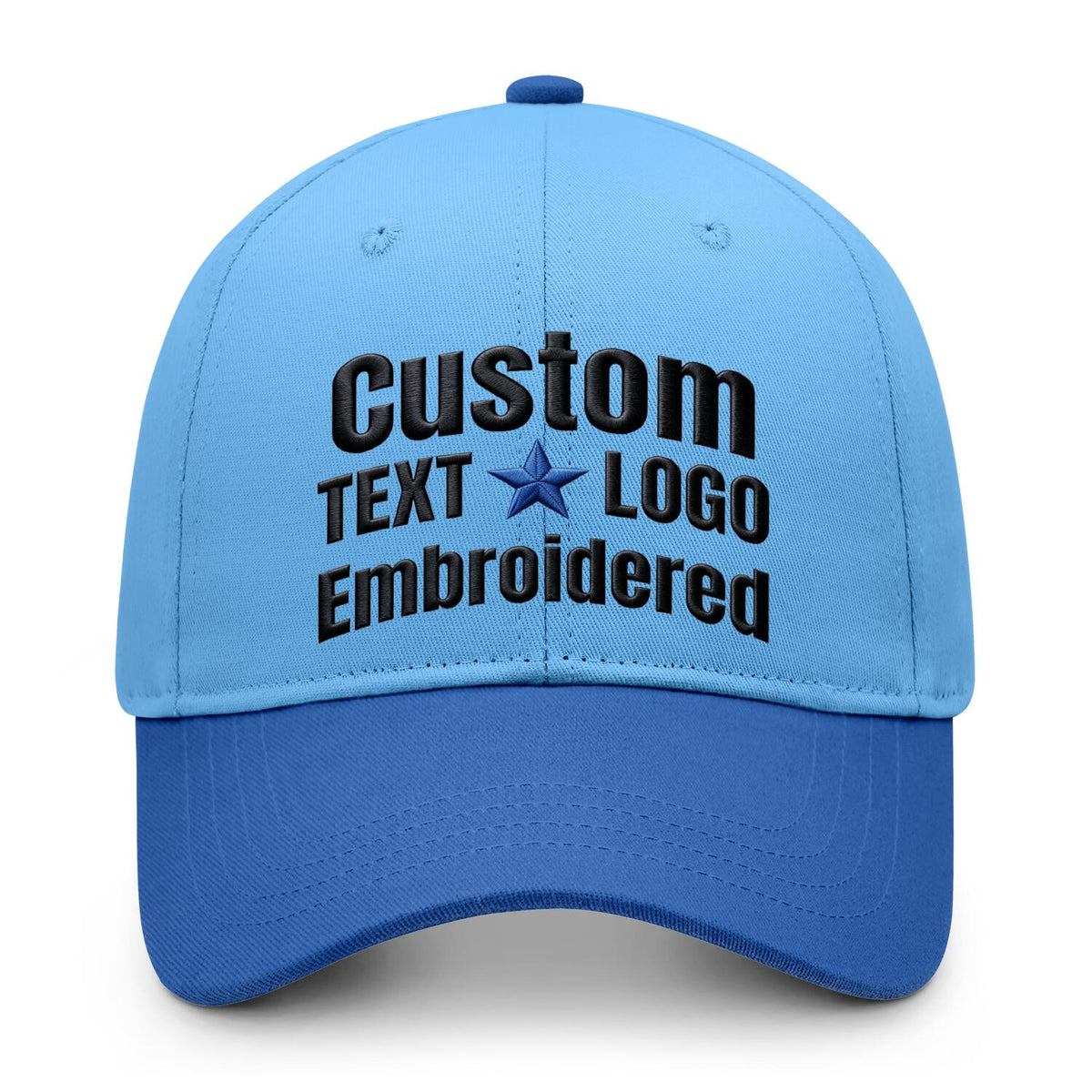 Custom embroidered or printed light blue &amp;  blue color block baseball cap by Vosoli | Personalized text &amp; logo | Structured fit