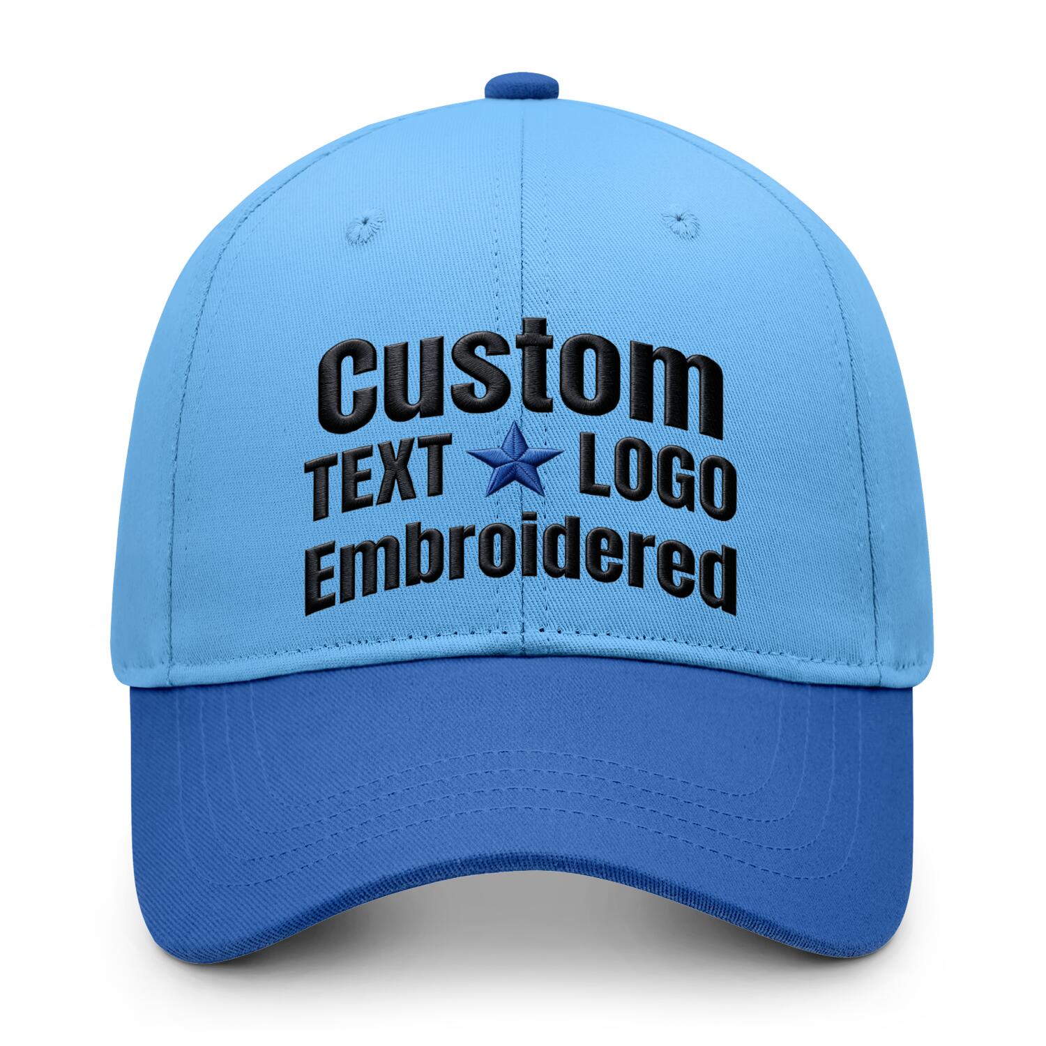 Custom embroidered or printed light blue &  blue color block baseball cap by Vosoli | Personalized text & logo | Structured fit