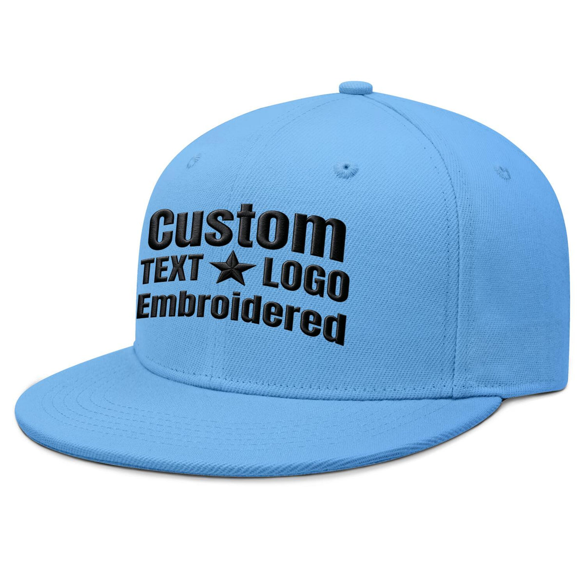 Custom embroidered or printed light blue flat-brim cap by Vosoli | Personalized text &amp; logo