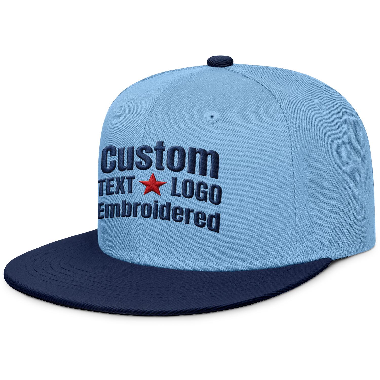 Custom embroidered or printed blue & navy blue color-block flat-brim cap by Vosoli | Personalized text & logo | Structured fit