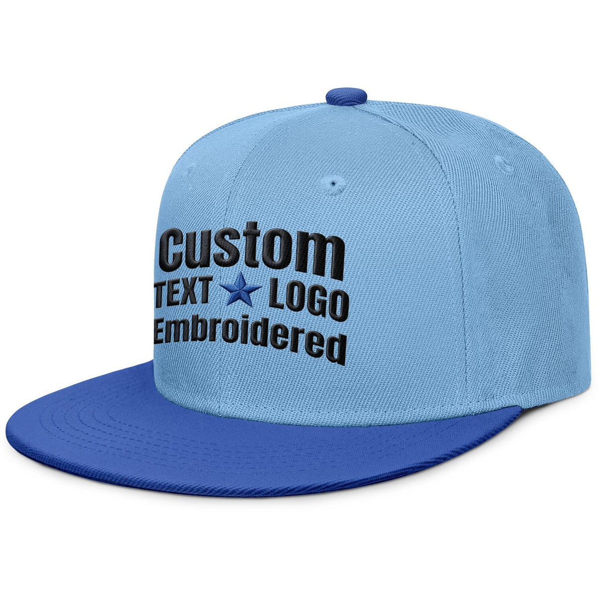 Custom embroidered or printed light blue &amp; royal blue color-block flat-brim cap by Vosoli | Personalized text &amp; logo | Structured fit