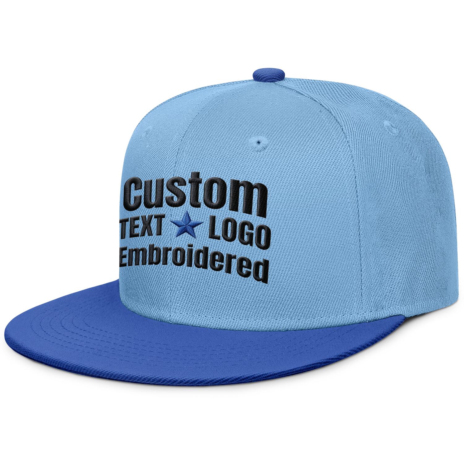 Custom embroidered or printed light blue & royal blue color-block flat-brim cap by Vosoli | Personalized text & logo | Structured fit