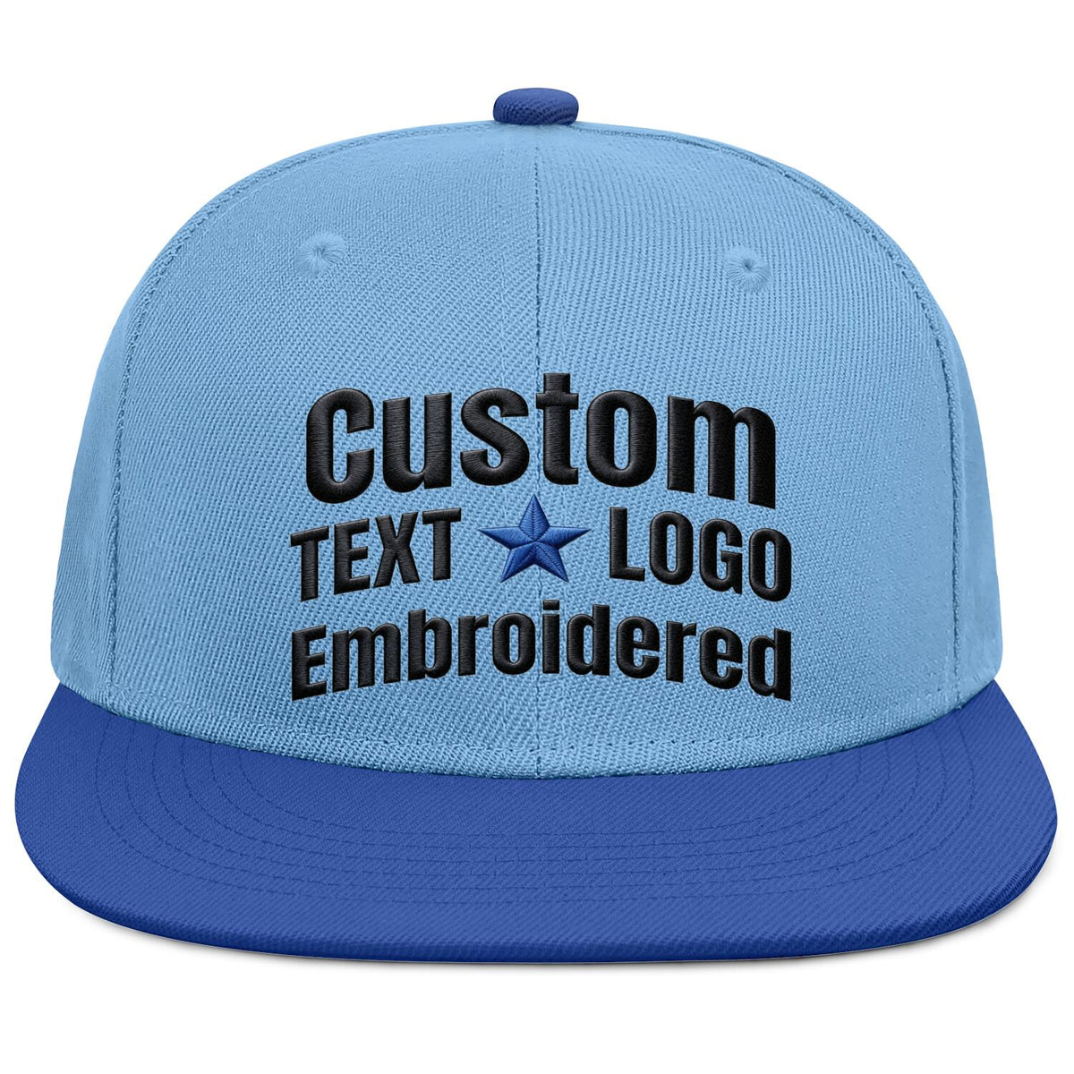 Custom Embroidered or Printed Light Blue & Royal Blue Color-Block Flat-Brim Cap