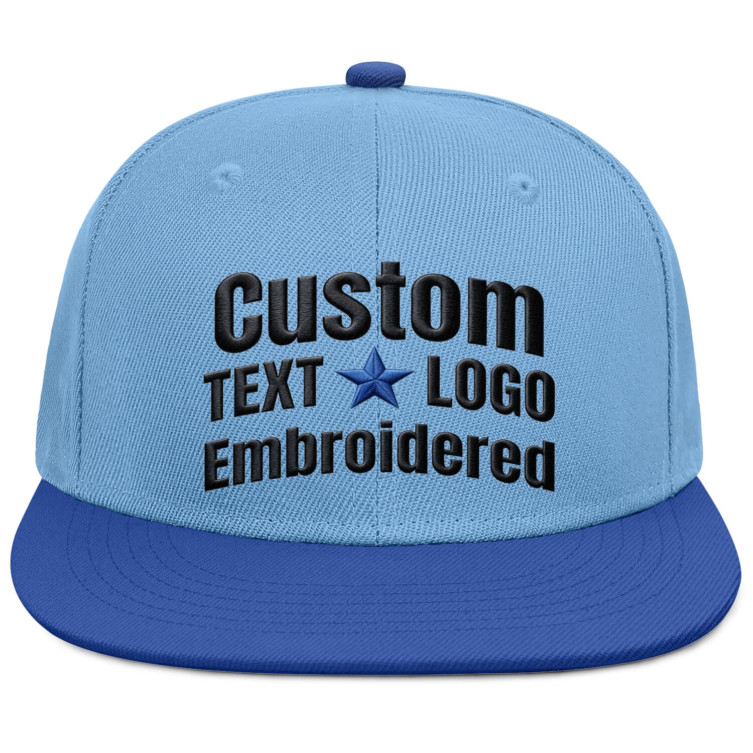 Custom embroidered or printed light blue & royal blue color-block flat-brim cap by Vosoli | Personalized text & logo | Structured fit