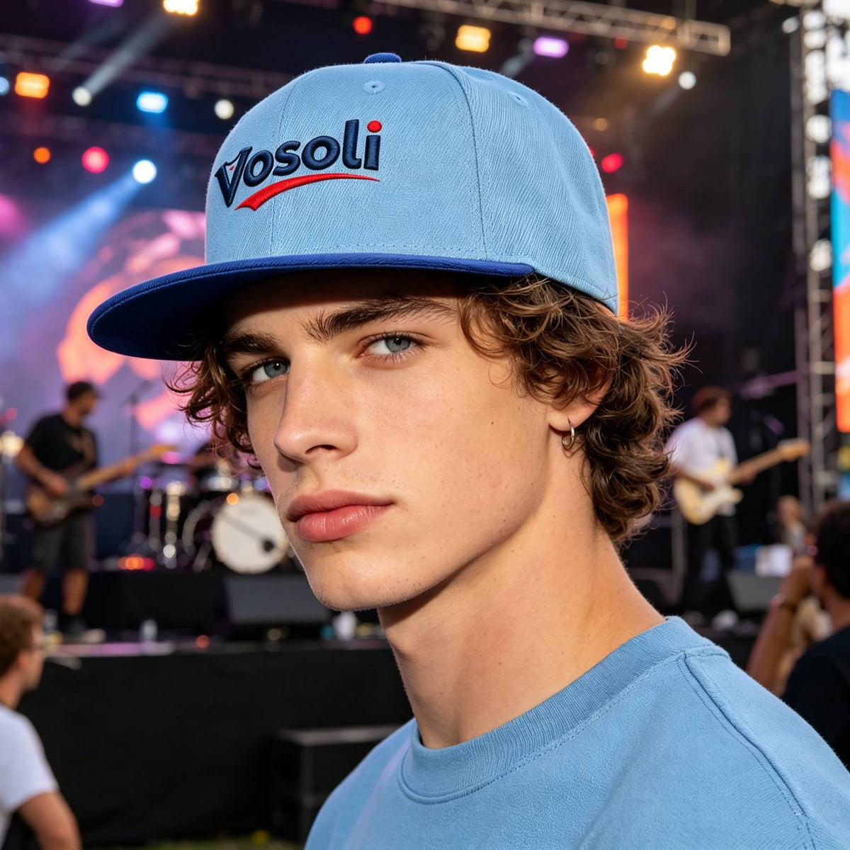 Custom Embroidered or Printed Light Blue & Royal Blue Color-Block Flat-Brim Cap