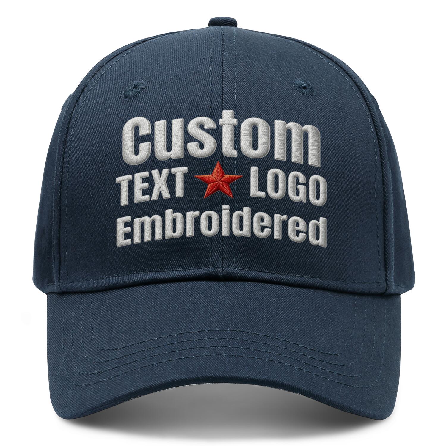Custom embroidered or printed navy baseball cap by Vosoli | Personalized text & logo | Structured fit