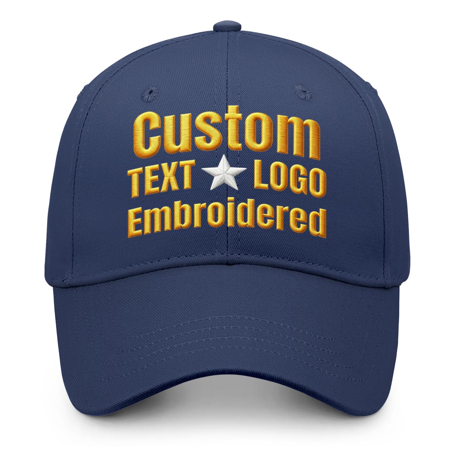 Custom embroidered or printed navy blue baseball cap by Vosoli | Personalized text & logo | Structured fit
