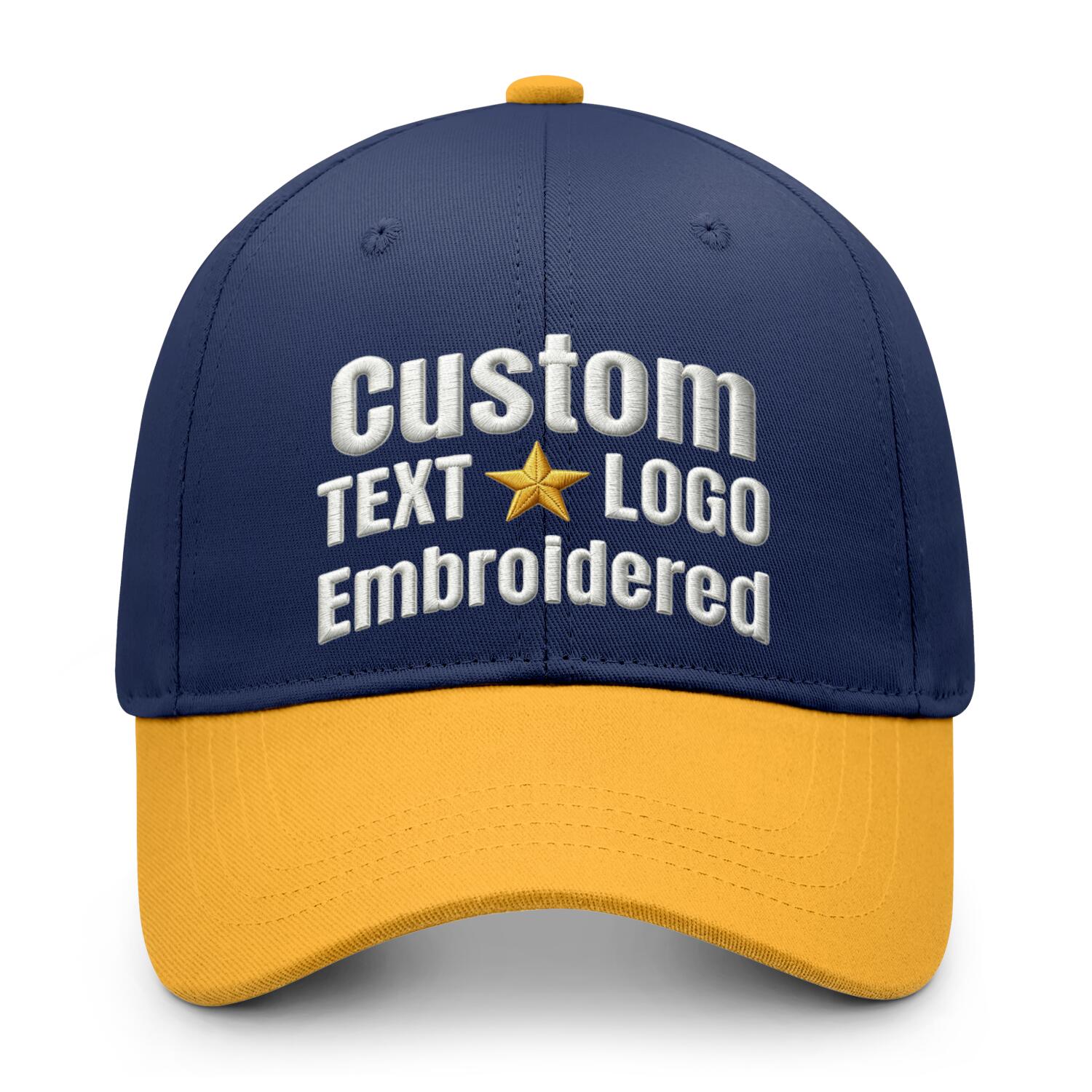 Custom embroidered or printed navy blue & gold color block baseball cap by Vosoli | Personalized text & logo | Structured fit