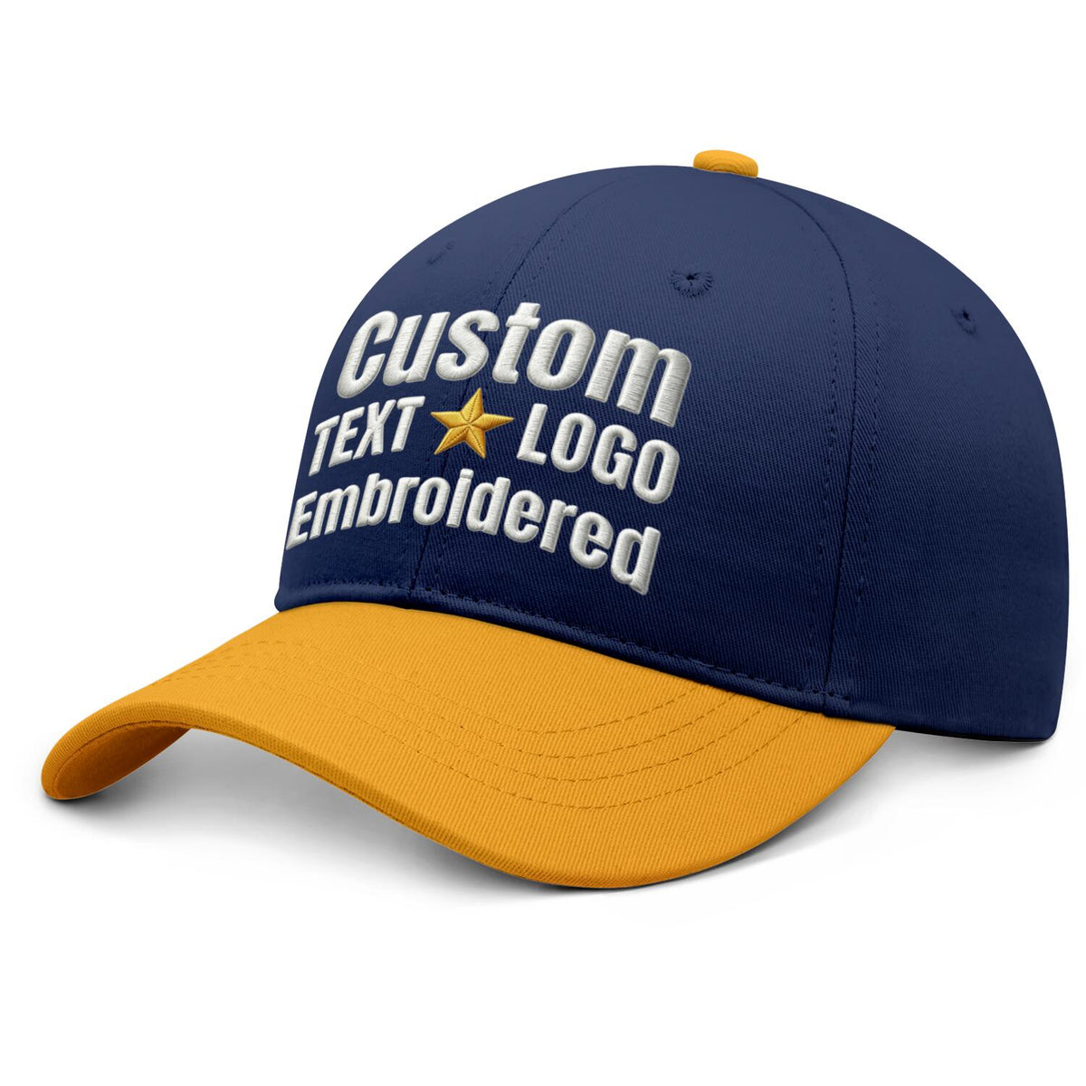 Custom Embroidered or Printed Navy Blue & Gold Color Block Baseball Cap | Personalized Sport Hat
