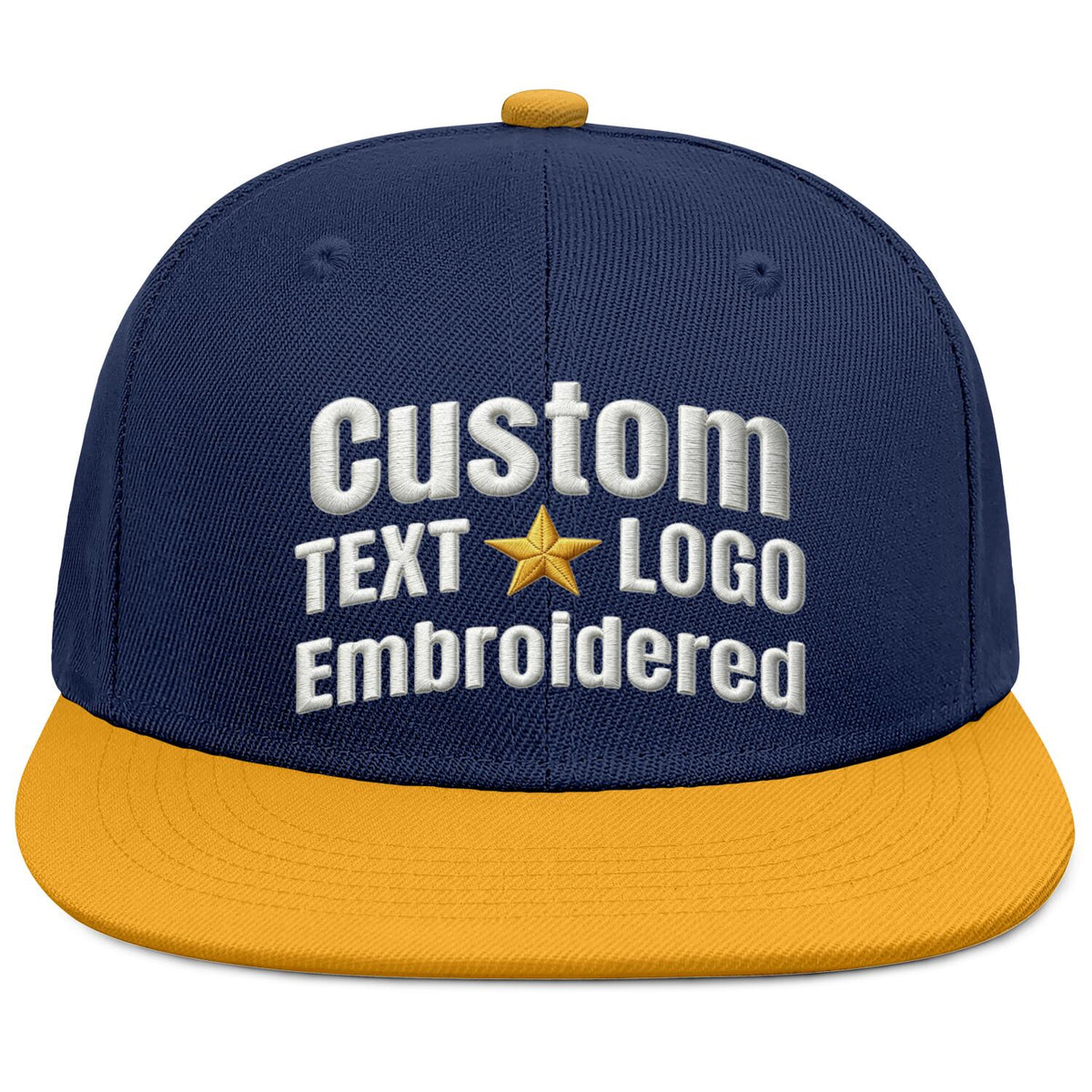 Custom Embroidered or Printed Navy Blue & Gold Color-Block Flat-Brim Cap