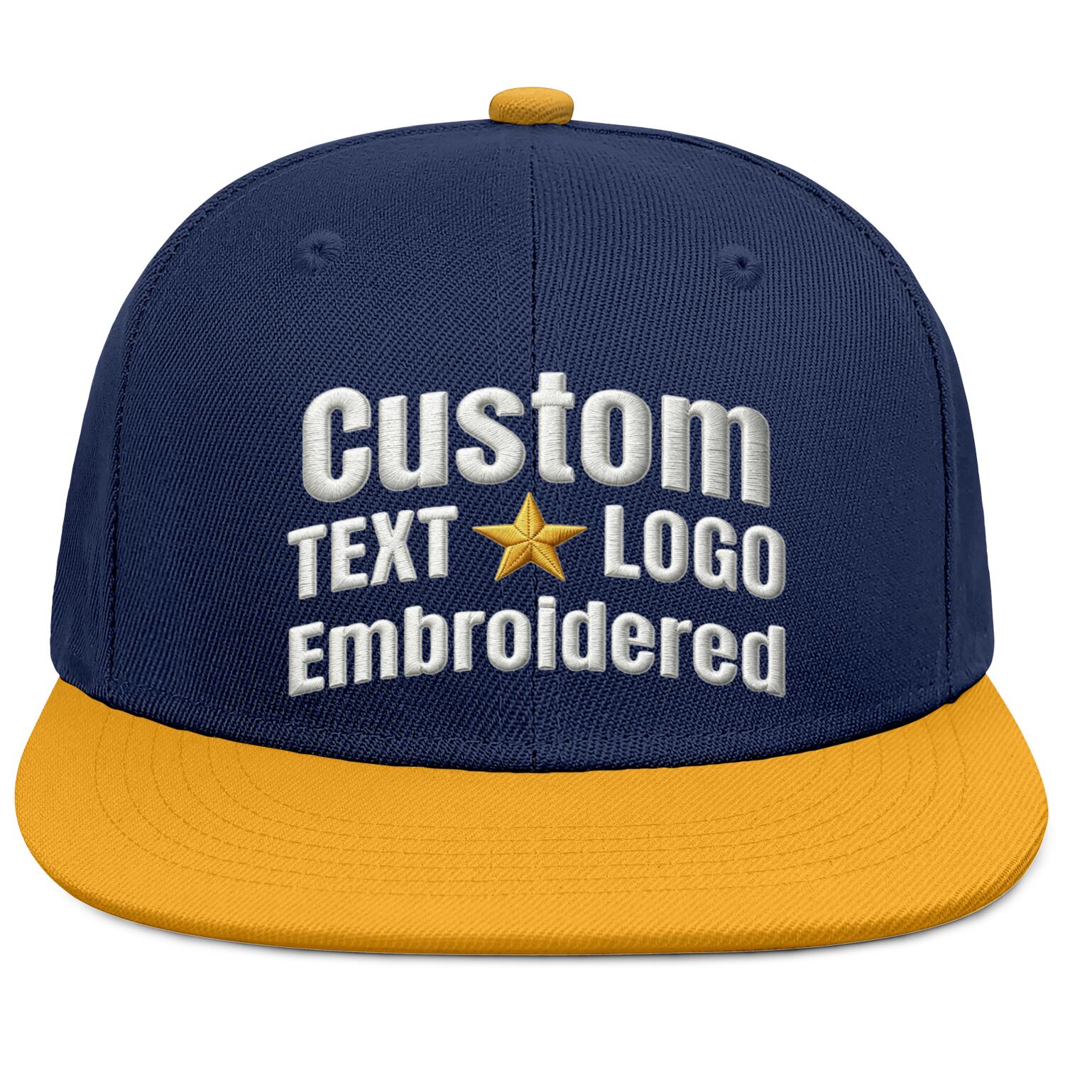 Custom Embroidered or Printed Navy Blue & Gold Color-Block Flat-Brim Cap