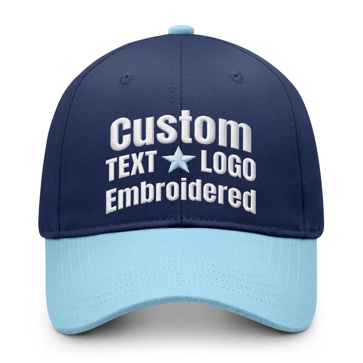 Custom embroidered or printed navy blue &amp; light blue color block baseball cap by Vosoli | Personalized text &amp; logo | Structured fit