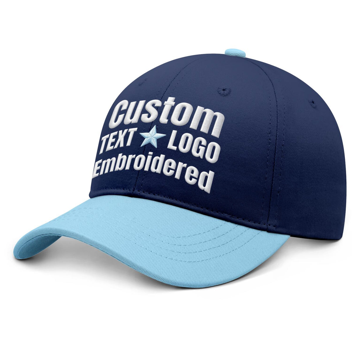 Custom Embroidered or Printed Navy Blue & Light Blue Color Block Baseball Cap | Personalized Sport Hat