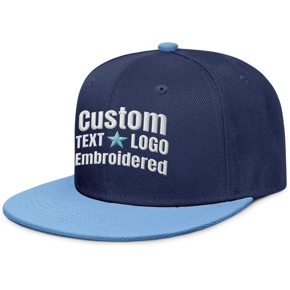 Custom embroidered or printed navy blue &amp; light blue color-block flat-brim cap by Vosoli | Personalized text &amp; logo | Structured fit