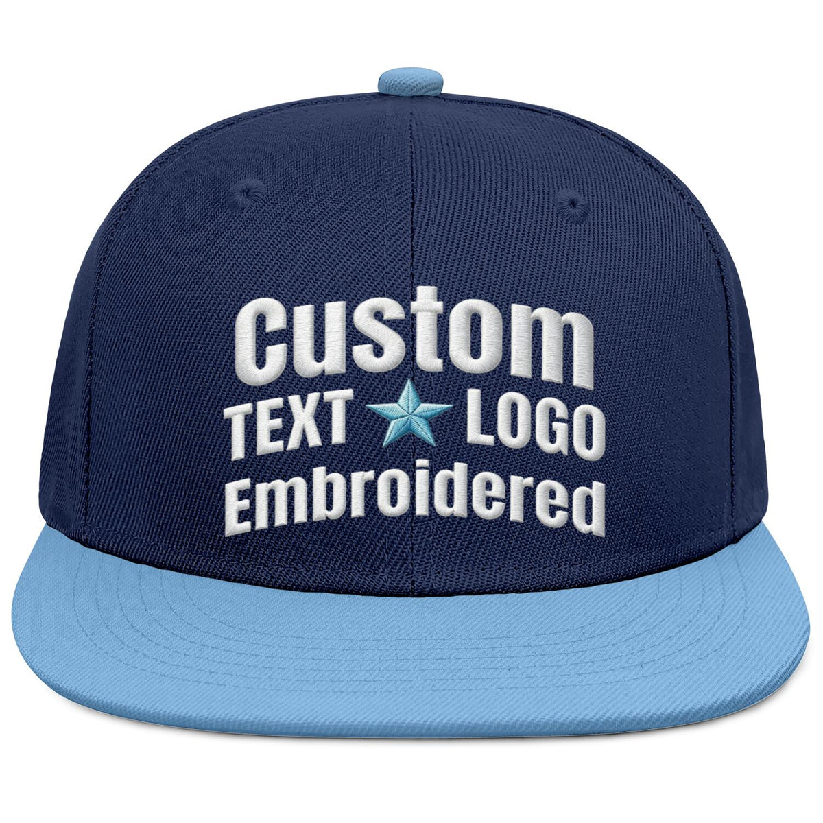 Custom Embroidered or Printed Navy Blue & Light Blue Color-Block Flat-Brim Cap