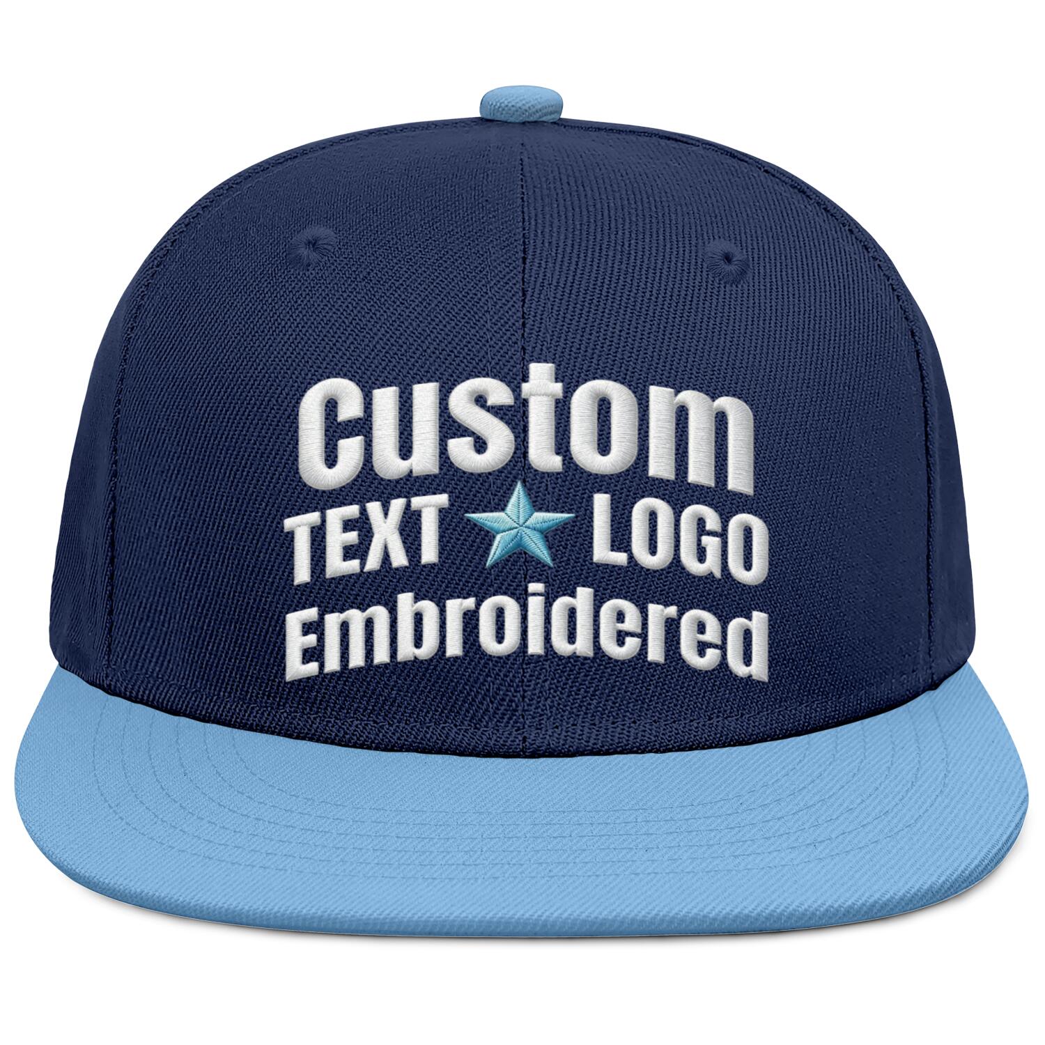 Custom Embroidered or Printed Navy Blue & Light Blue Color-Block Flat-Brim Cap