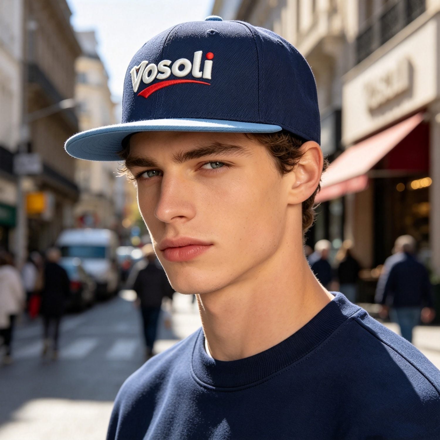Custom Embroidered or Printed Navy Blue & Light Blue Color-Block Flat-Brim Cap