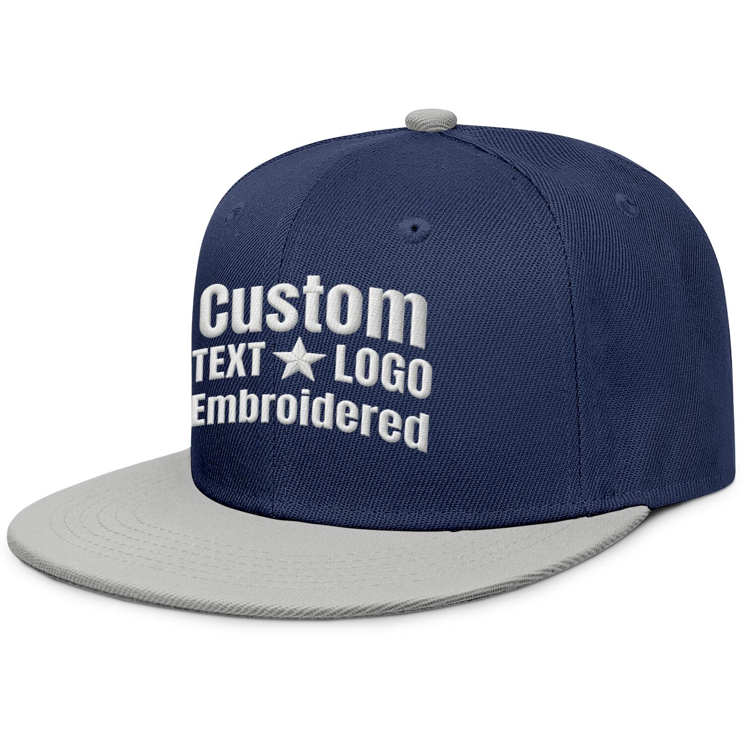 Custom embroidered or printed navy blue & light grey color-block flat-brim cap by Vosoli | Personalized text & logo | Structured fit
