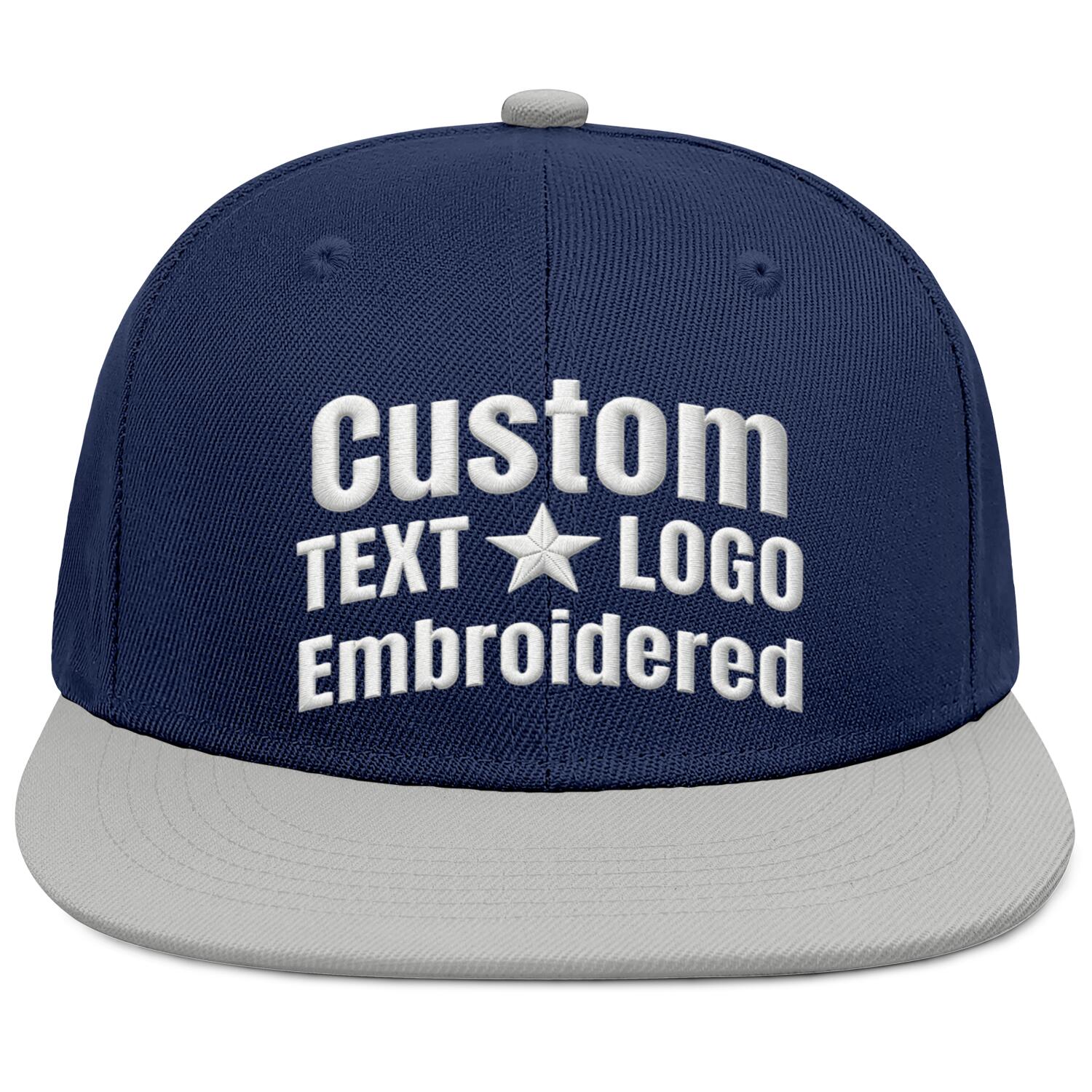 ustom Embroidered or Printed Navy Blue & Light Grey Color-Block Flat-Brim Cap