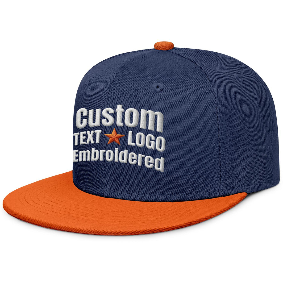 Custom embroidered or printed navy blue &amp; orange color-block flat-brim cap by Vosoli | Personalized text &amp; logo | Structured fit
