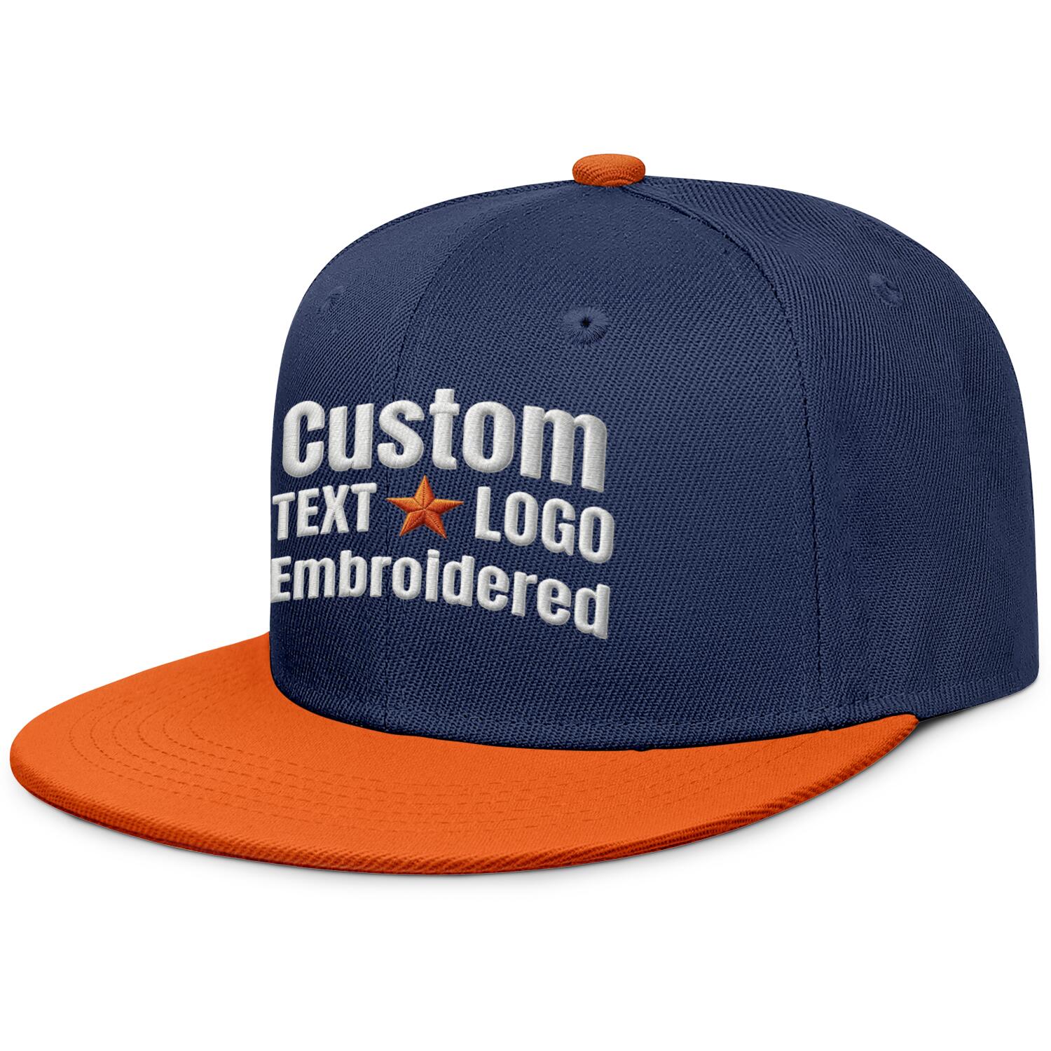 Custom embroidered or printed navy blue & orange color-block flat-brim cap by Vosoli | Personalized text & logo | Structured fit