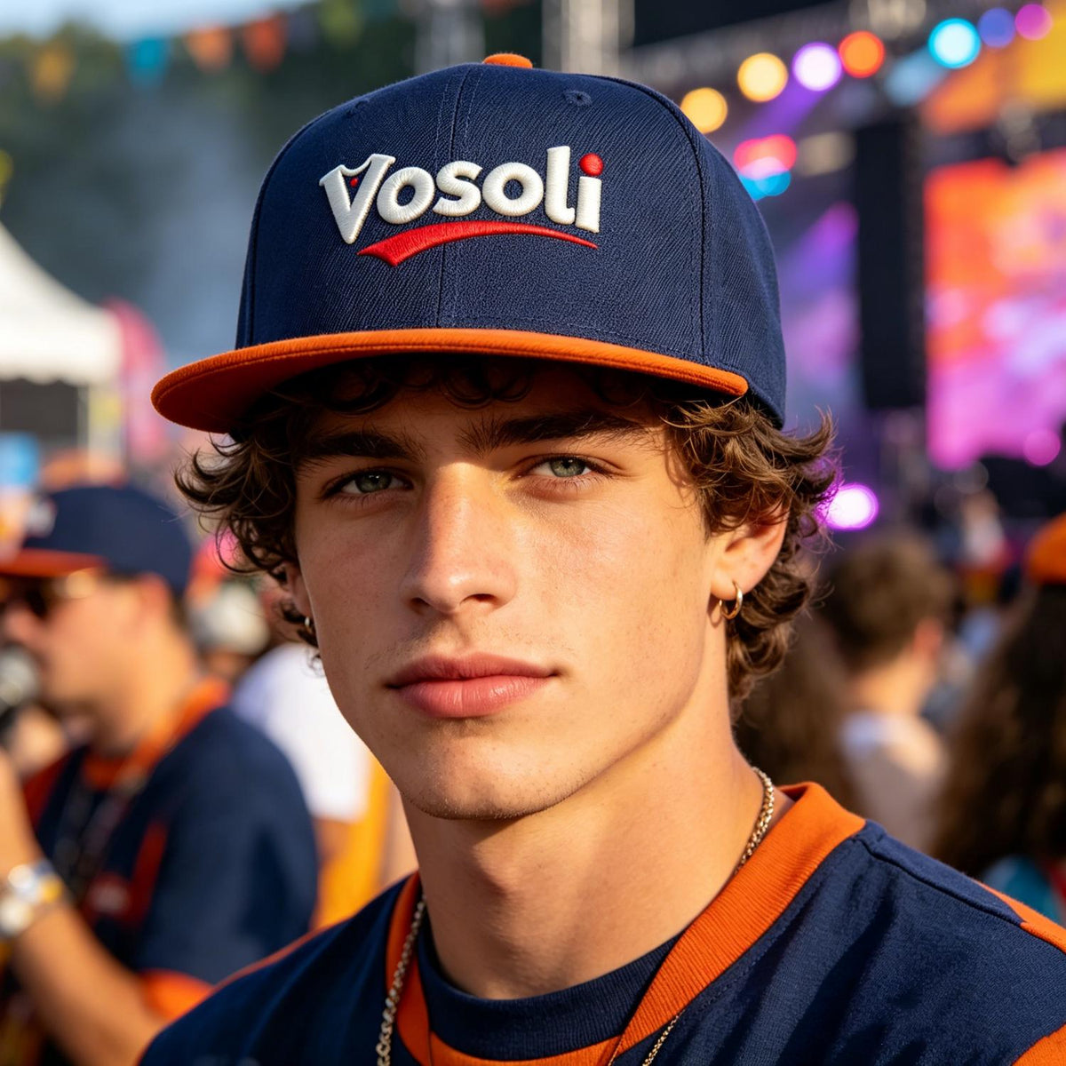 Custom Embroidered or Printed Navy Blue & Orange Color-Block Flat-Brim Cap