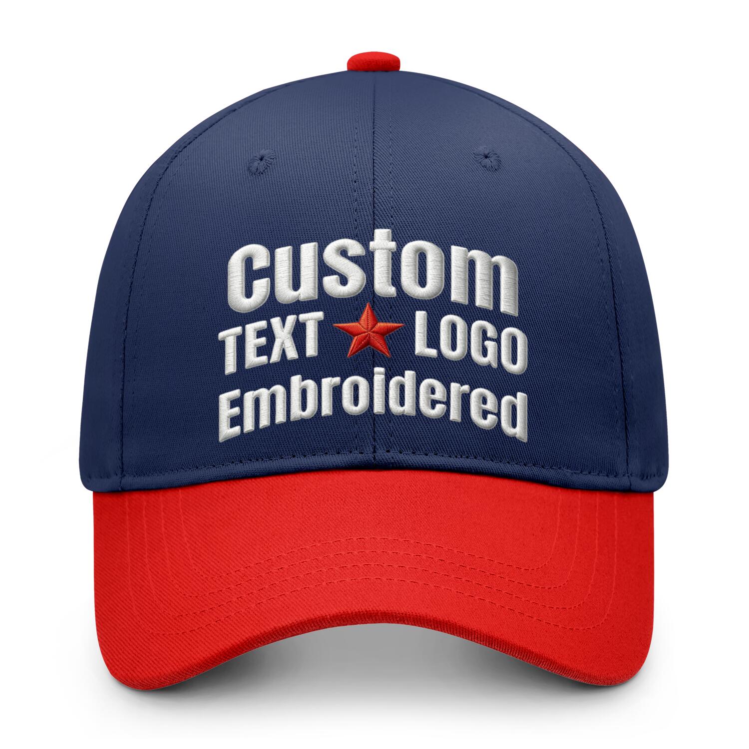 Custom embroidered or printed navy blue & red color block baseball cap by Vosoli | Personalized text & logo | Structured fit
