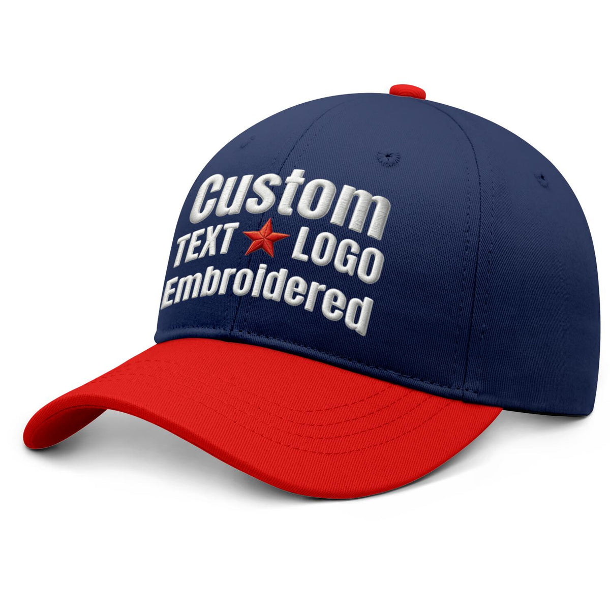 Custom Embroidered or Printed Navy Blue & Red Color Block Baseball Cap | Personalized Sport Hat