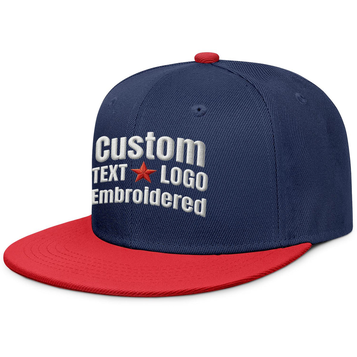 Custom embroidered or printed navy blue &amp; red color-block flat-brim cap by Vosoli | Personalized text &amp; logo | Structured fit
