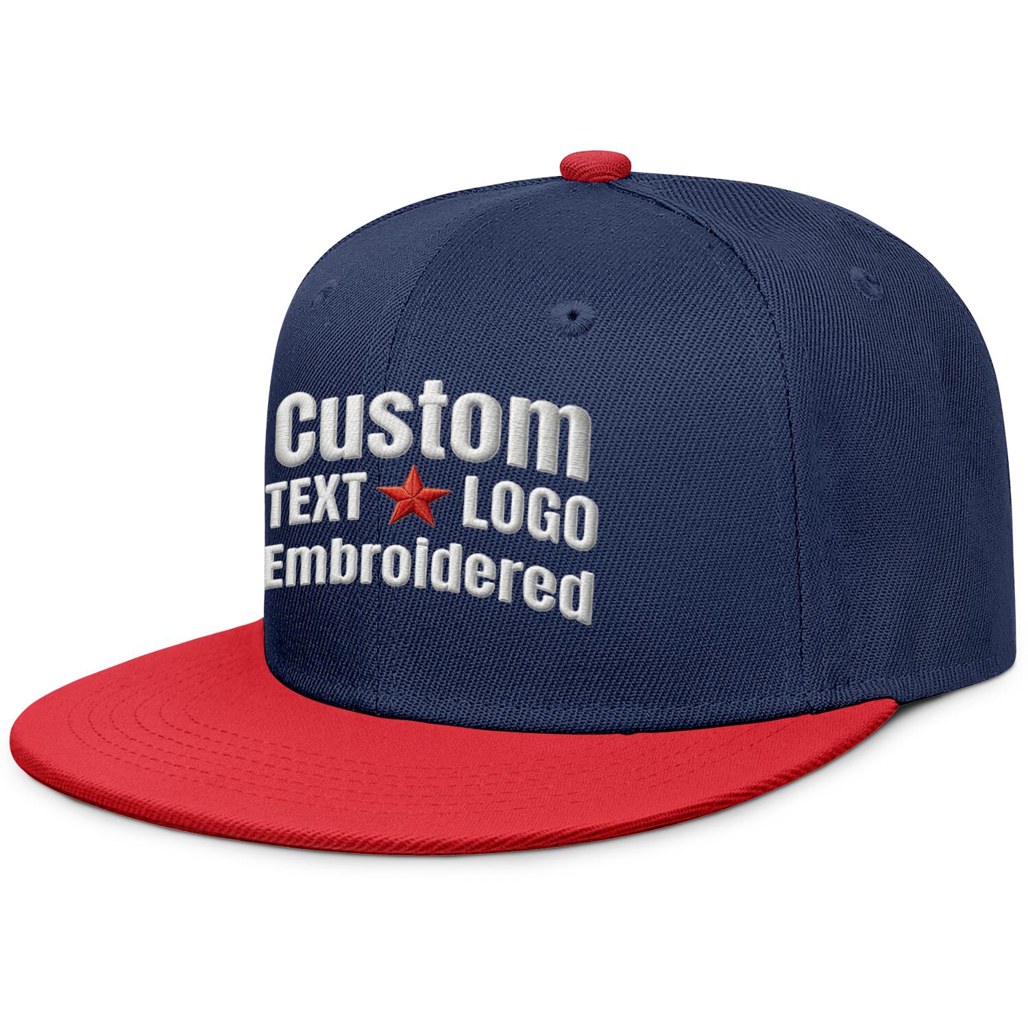 Custom embroidered or printed navy blue & red color-block flat-brim cap by Vosoli | Personalized text & logo | Structured fit
