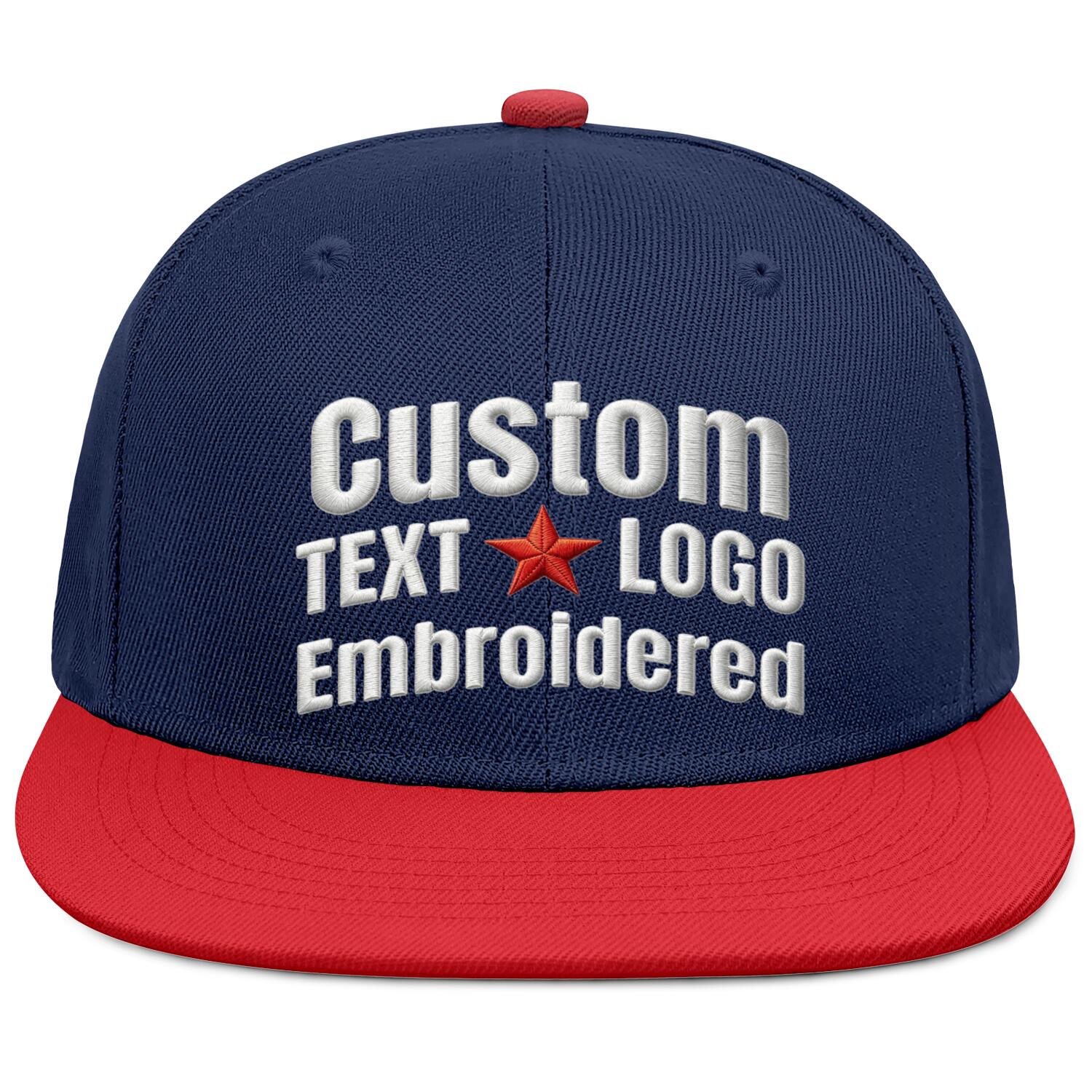 Custom Embroidered or Printed Navy Blue & Red Color-Block Flat-Brim Cap