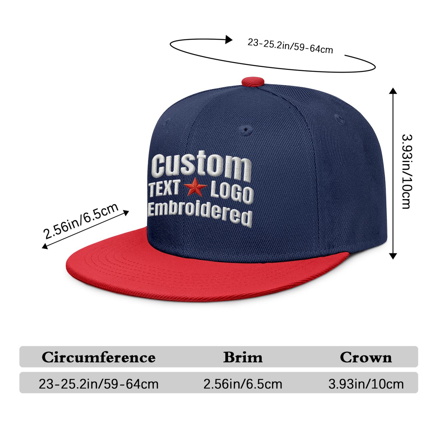 Custom Embroidered or Printed Navy Blue & Red Color-Block Flat-Brim Cap