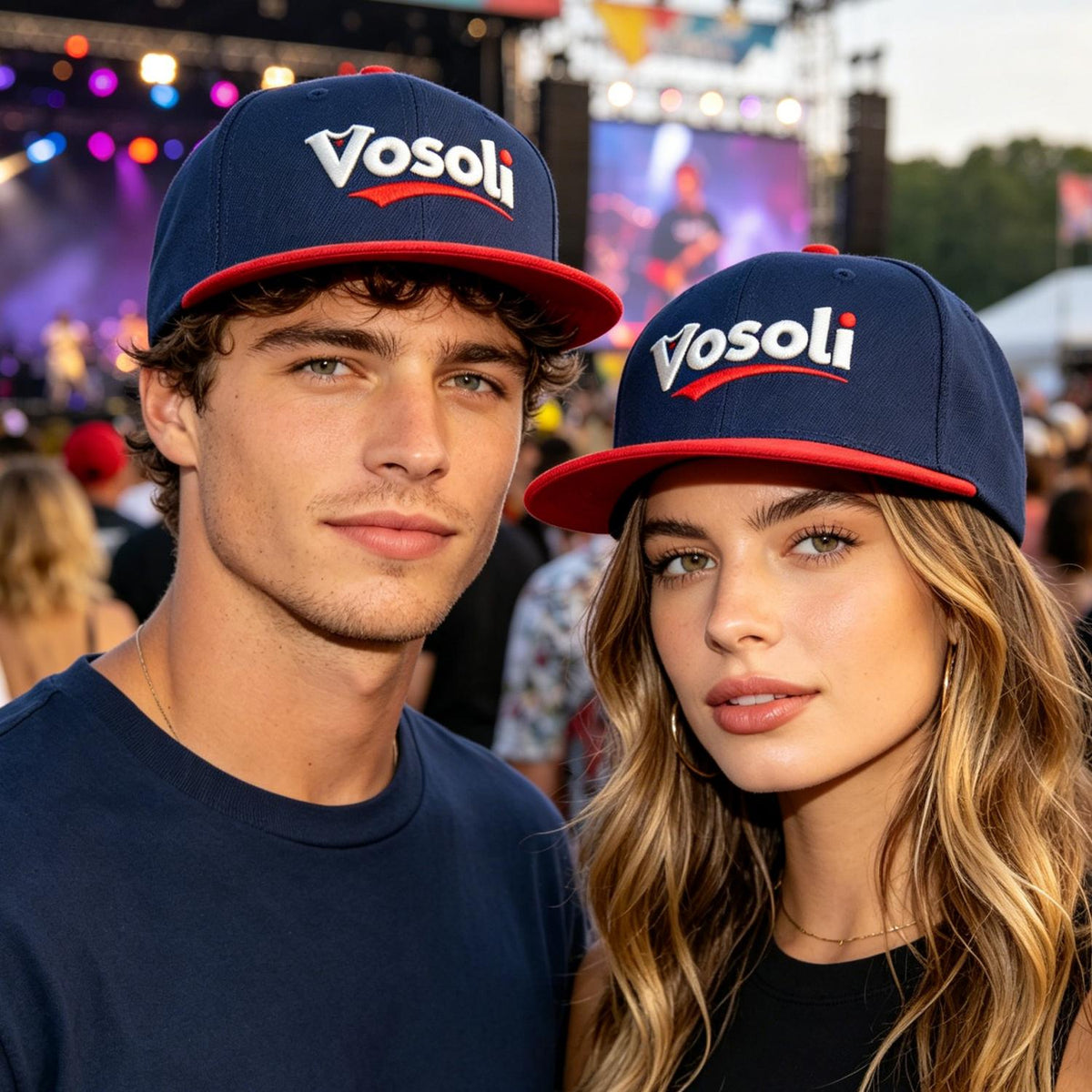 Custom Embroidered or Printed Navy Blue & Red Color-Block Flat-Brim Cap