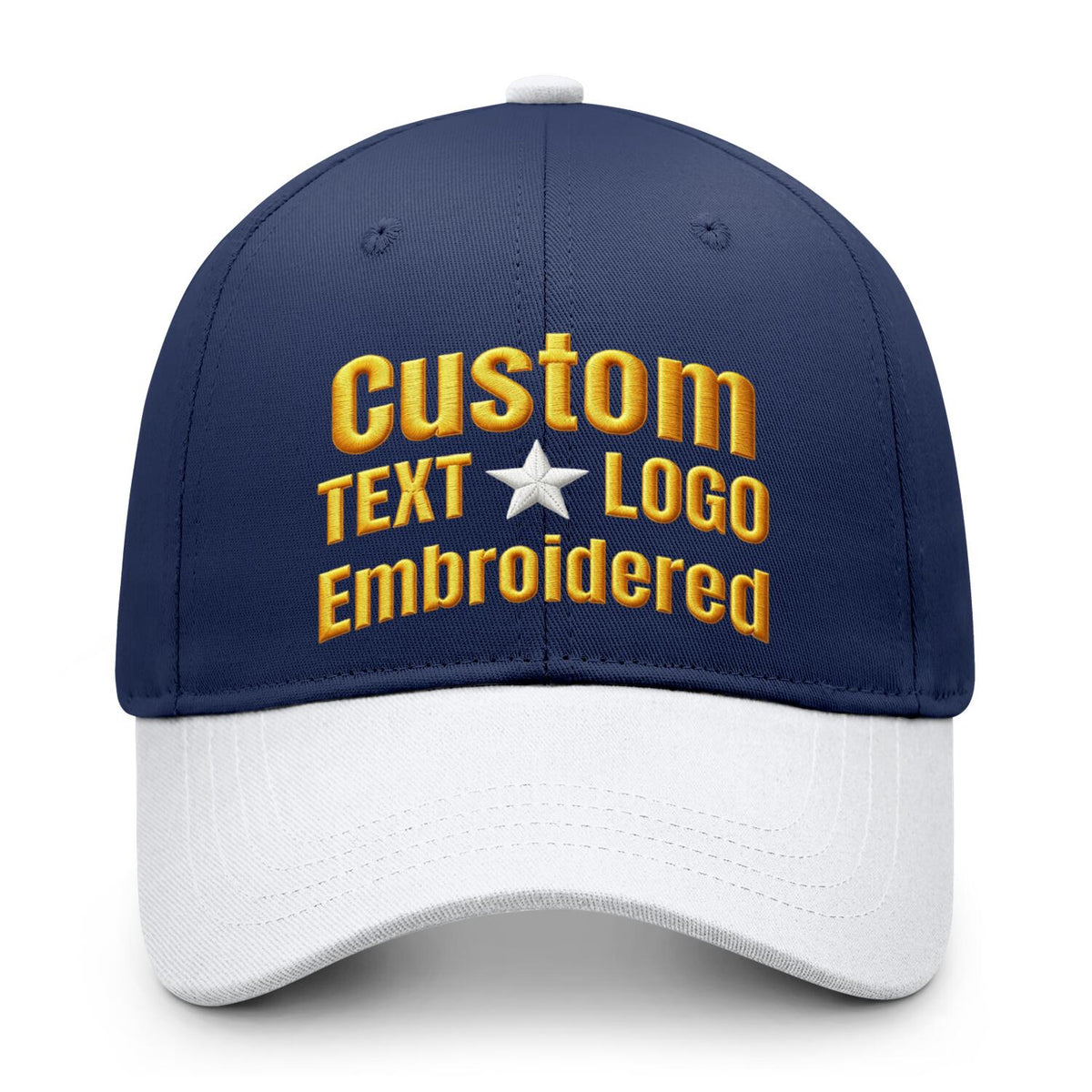 Custom embroidered or printed navy blue &amp; white color block baseball cap by Vosoli | Personalized text &amp; logo | Structured fit
