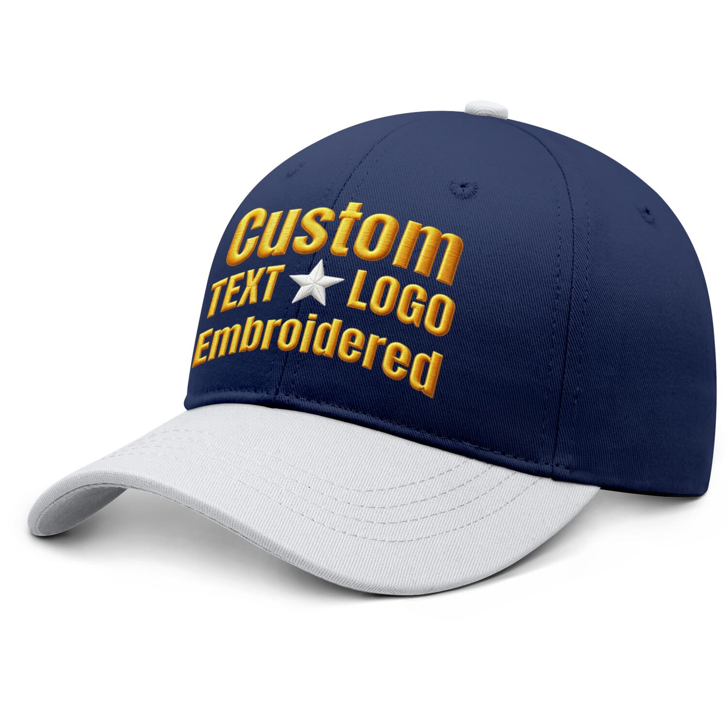 Custom embroidered or printed navy blue & white color block baseball cap by Vosoli | Personalized text & logo | Structured fit