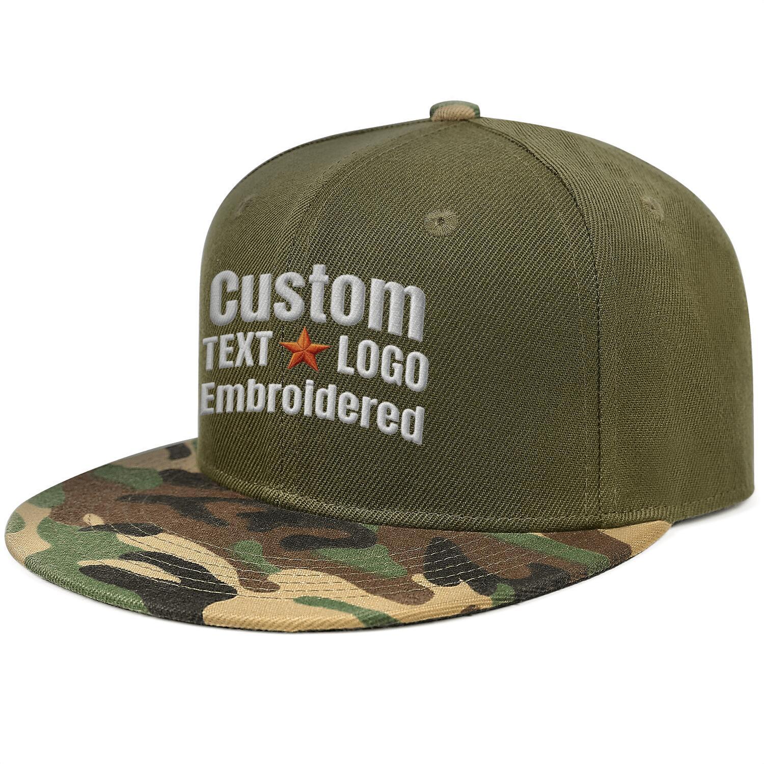 Custom embroidered or printed olive & camouflage color-block flat-brim cap by Vosoli | Personalized text & logo | Structured fit