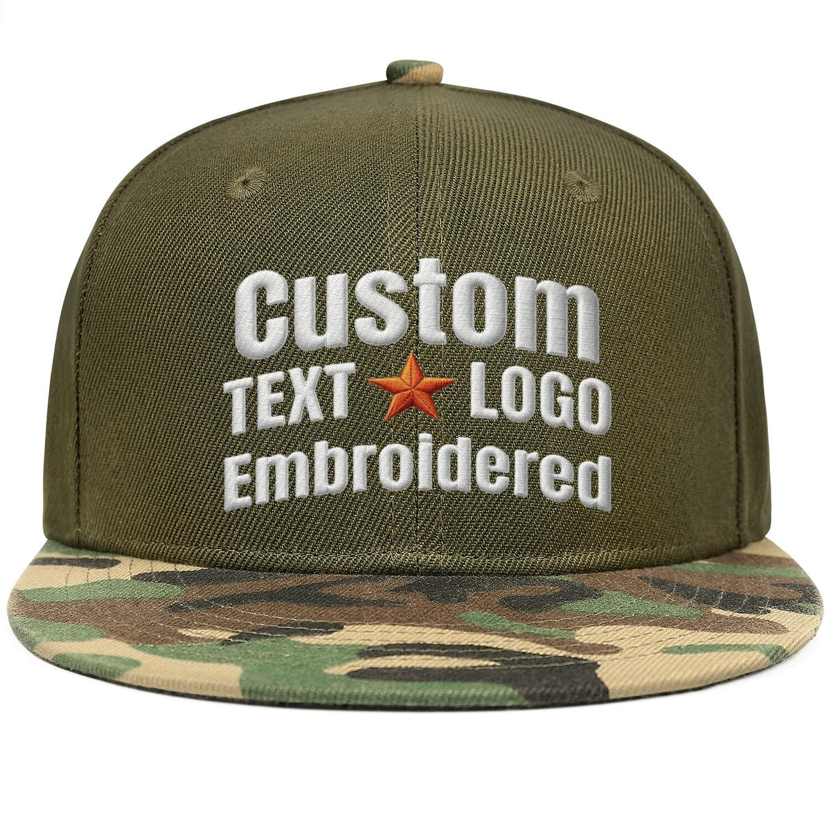 Custom Embroidered or Printed Olive & Camouflage Color-Block Flat-Brim Cap