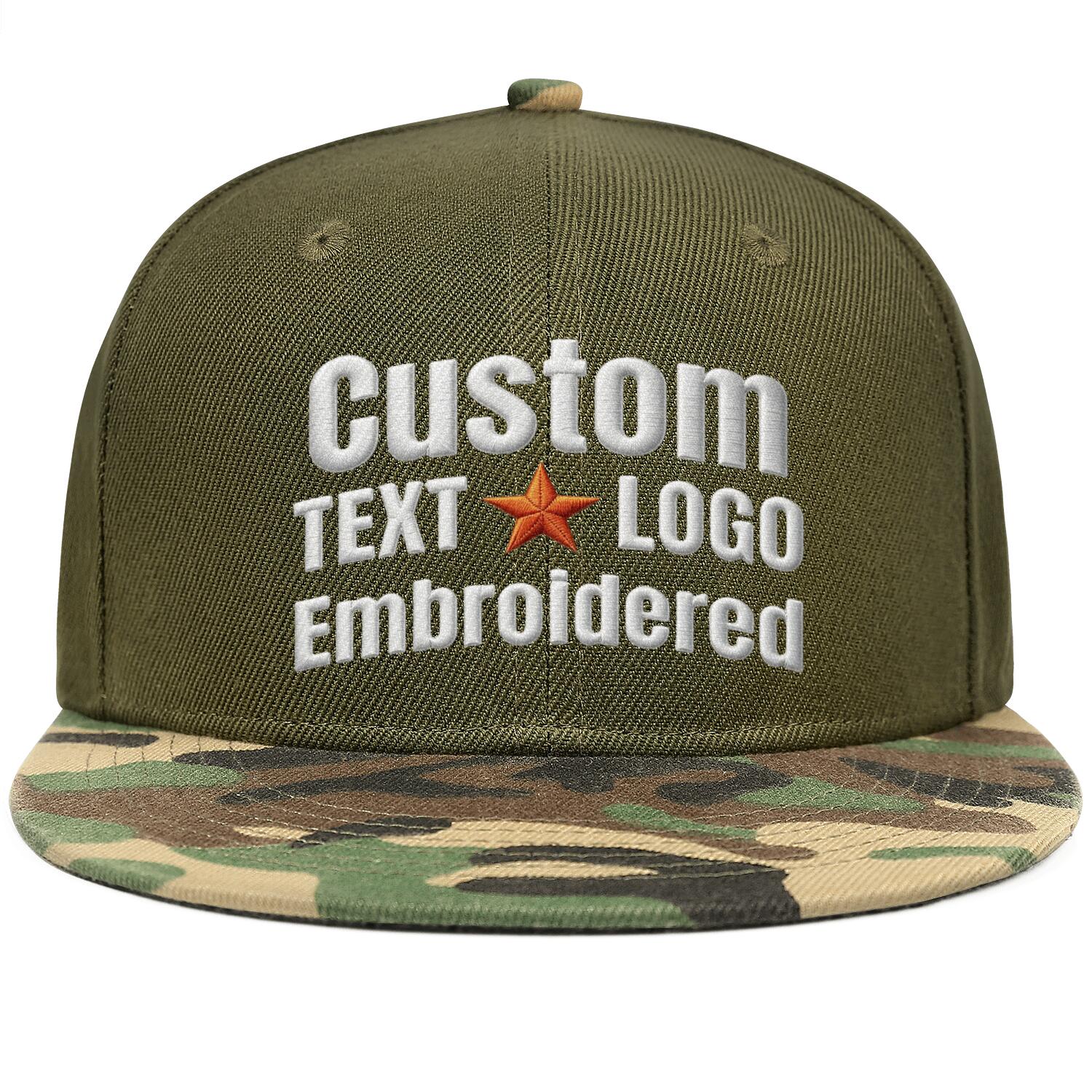 Custom embroidered or printed olive & camouflage color-block flat-brim cap by Vosoli | Personalized text & logo | Structured fit