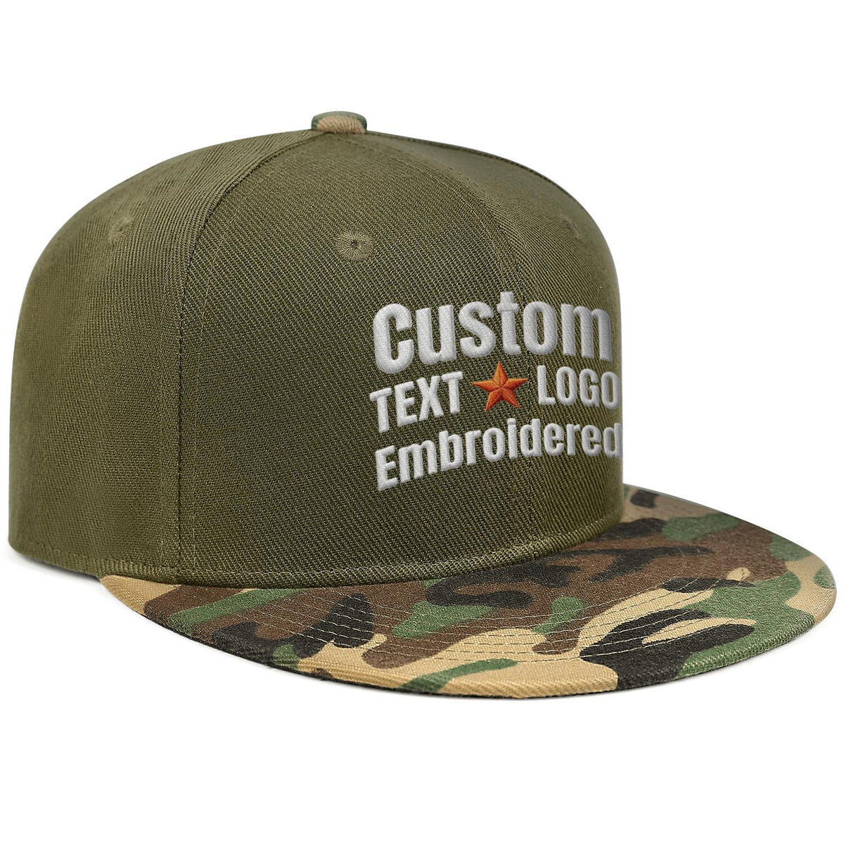 Custom Embroidered or Printed Olive & Camouflage Color-Block Flat-Brim Cap
