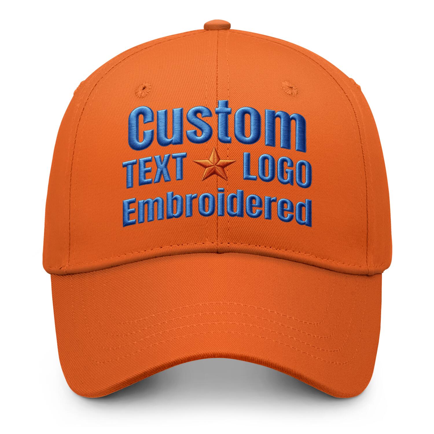 Custom embroidered or printed orange baseball cap by Vosoli | Personalized text & logo | Structured fit