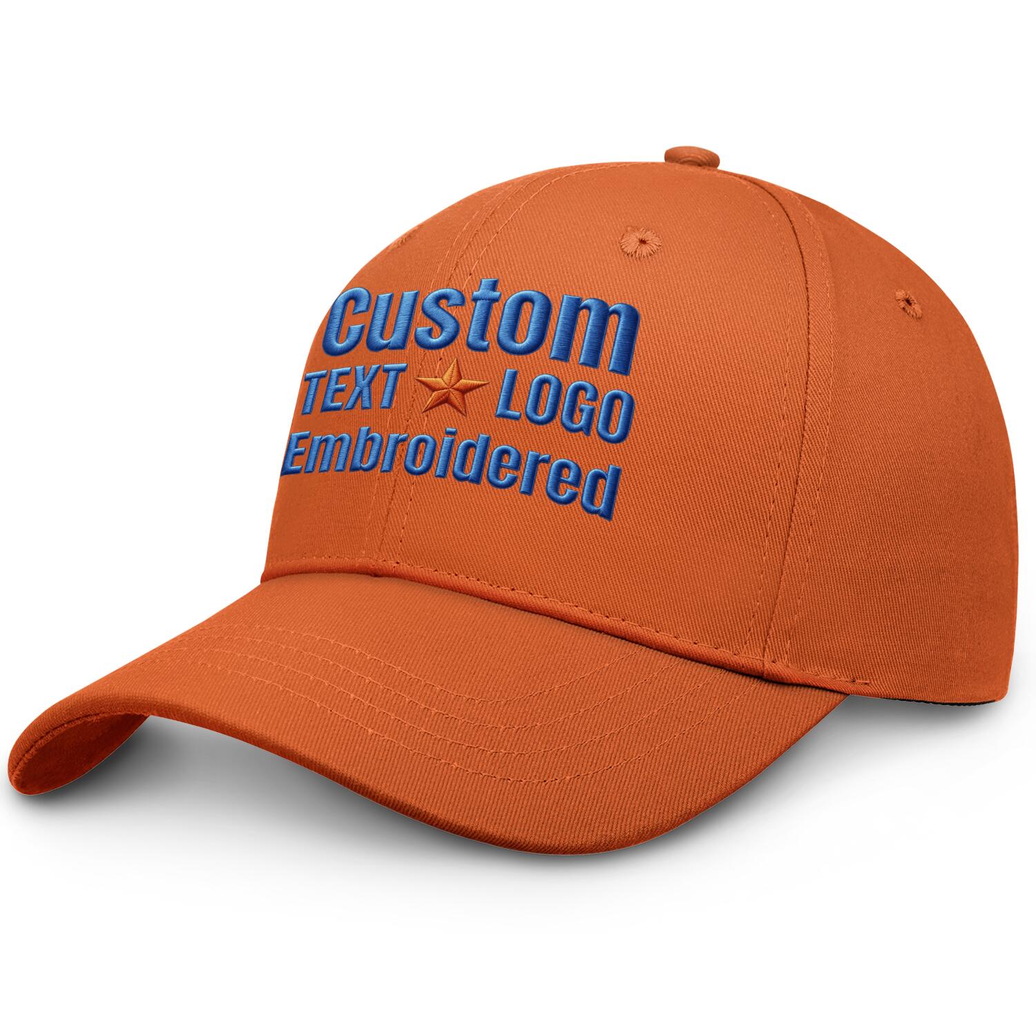 Custom embroidered or printed orange baseball cap by Vosoli | Personalized text & logo | Structured fit